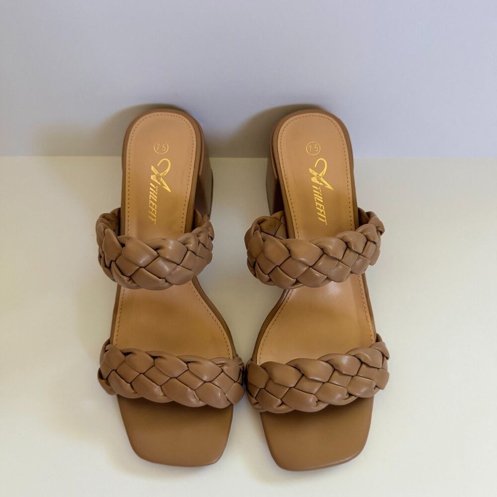 Athlefit Tan Braided Double Strap Block Heels